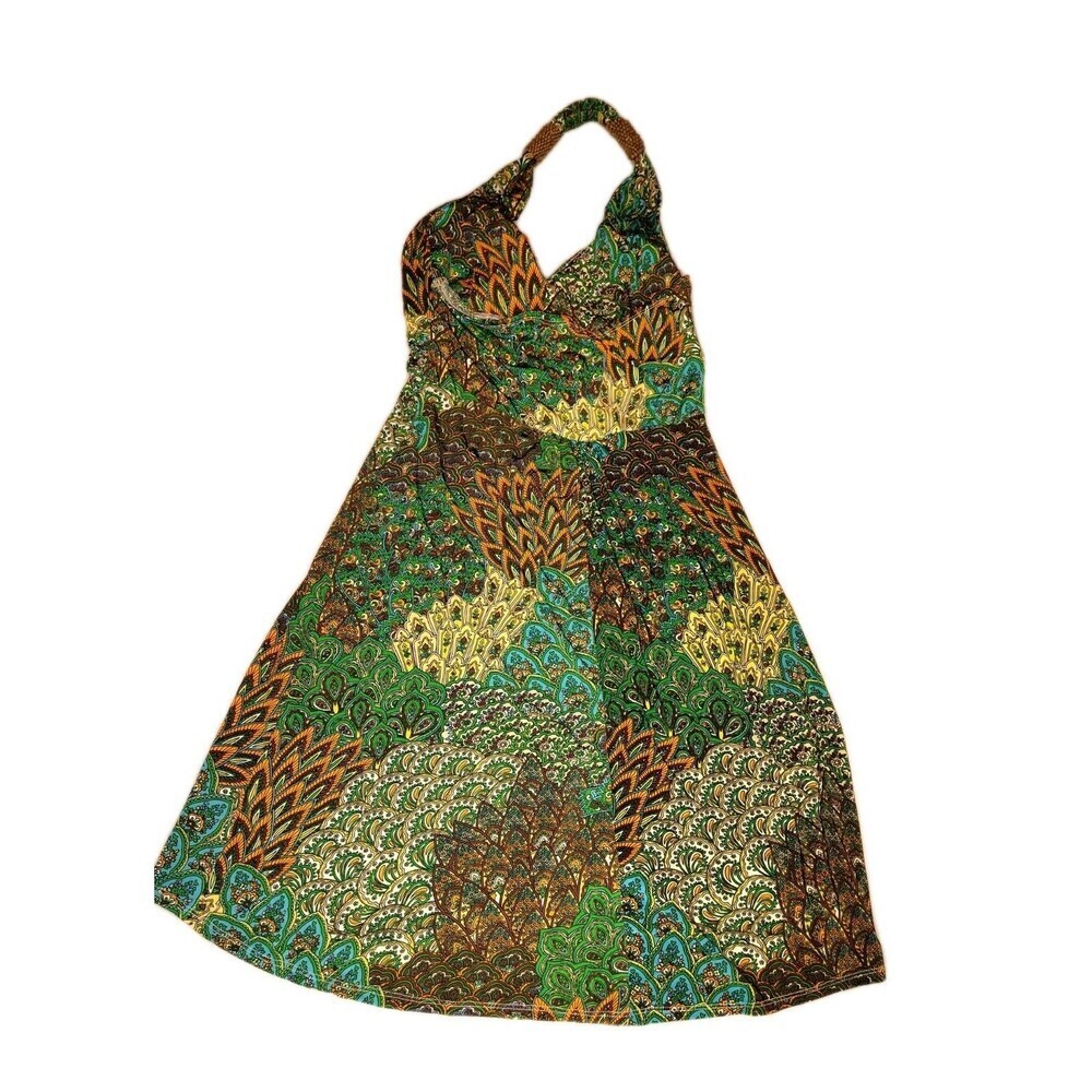 Cristinalove Peacock Paisley Halter Mini Dress Green Brown Boho Small - Picture 12 of 13